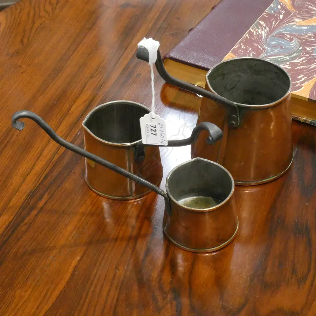 3 OLD COPPER KITCHEN MEASURES w. 'CIDER' TAGS Image 1++