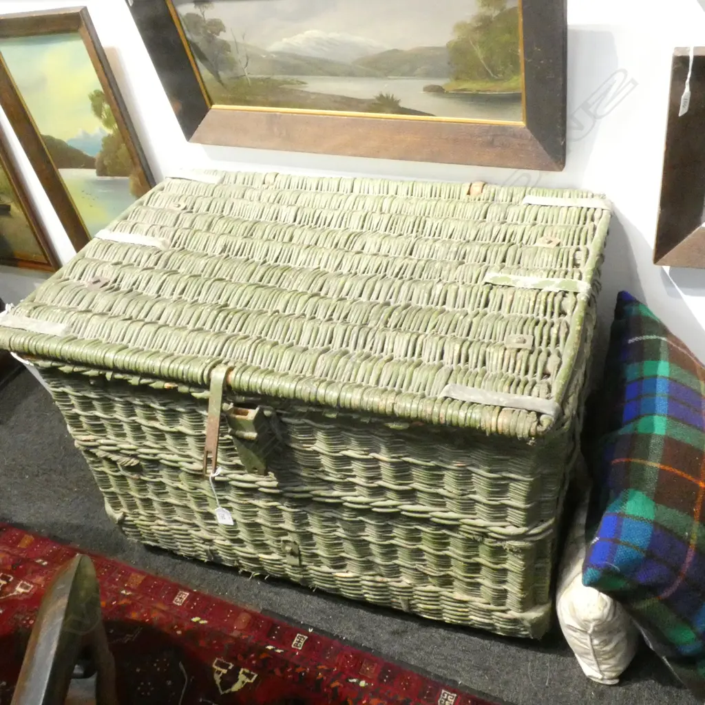 LARGE GREEN PAINTED CANE STEAMER TRUNK W.920mm Image 1++