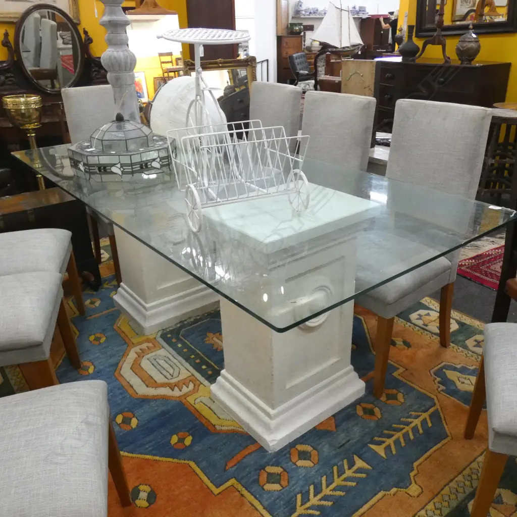 GLASS TABLE TWO OAMARU STONE PLINTH BASES... Image 1++