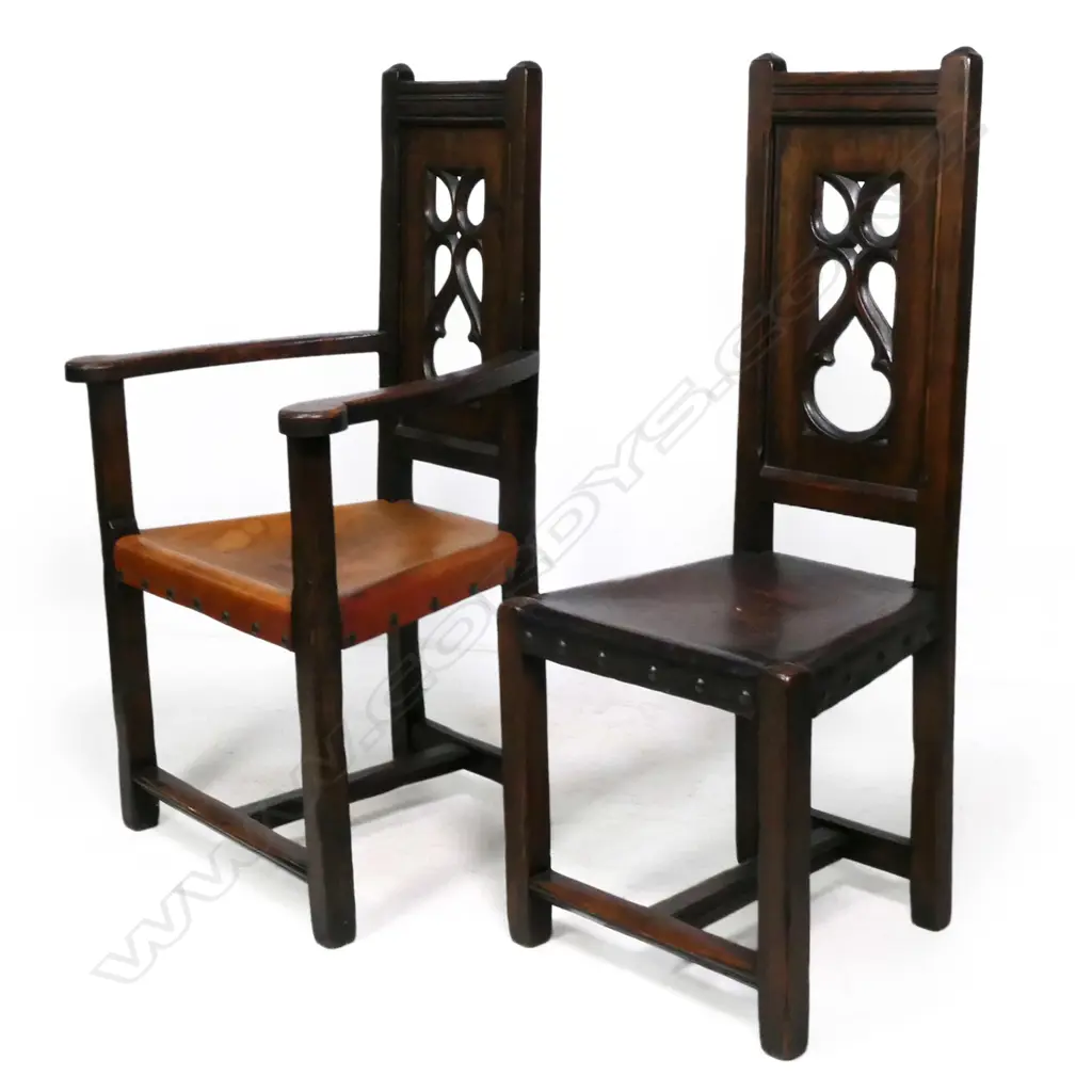 SET OF 4 CHAIRS WITH LEATHER SEATS. INCL ONE CARVER LIGHTER BROWN LEATHER Image 1++