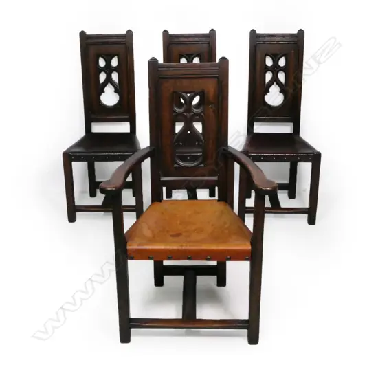 SET OF 4 CHAIRS WITH LEATHER SEATS. INCL ONE CARVER LIGHTER BROWN LEATHER