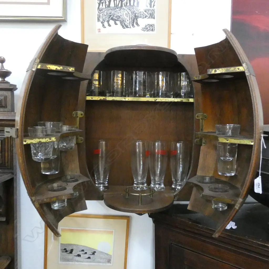 OAK BARREL 'DRINKS' WALL CABINET + CONTENTS H. 470MM Image 1++