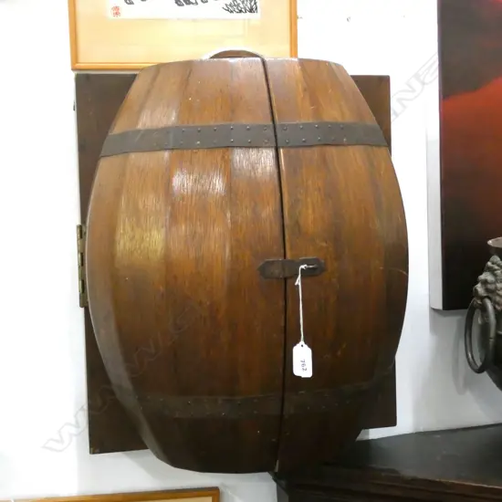 OAK BARREL 'DRINKS' WALL CABINET + CONTENTS H. 470MM