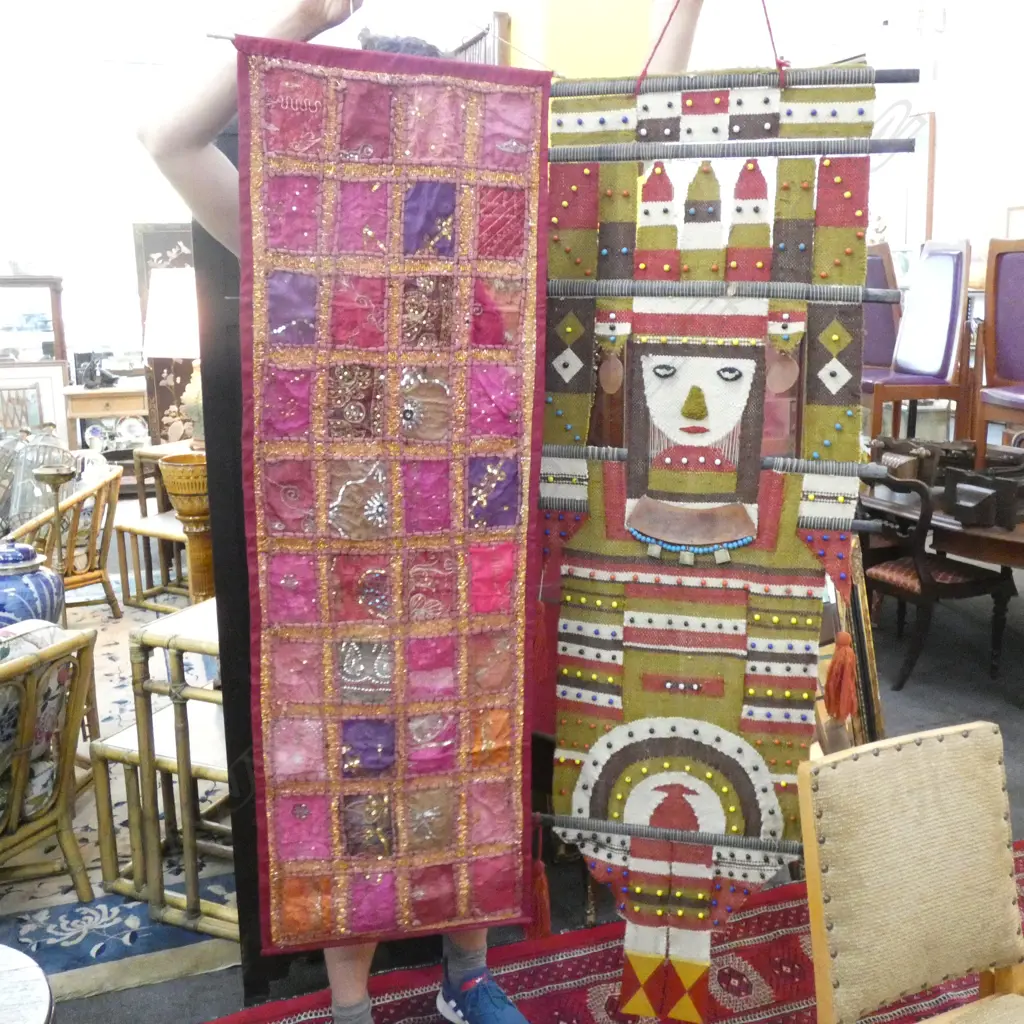 2 TEXTILE ARTWORKS; WOVEN INCA WOMAN 1640x610mm + PINK EMBROIDERED FABRIC PANEL Image 1++