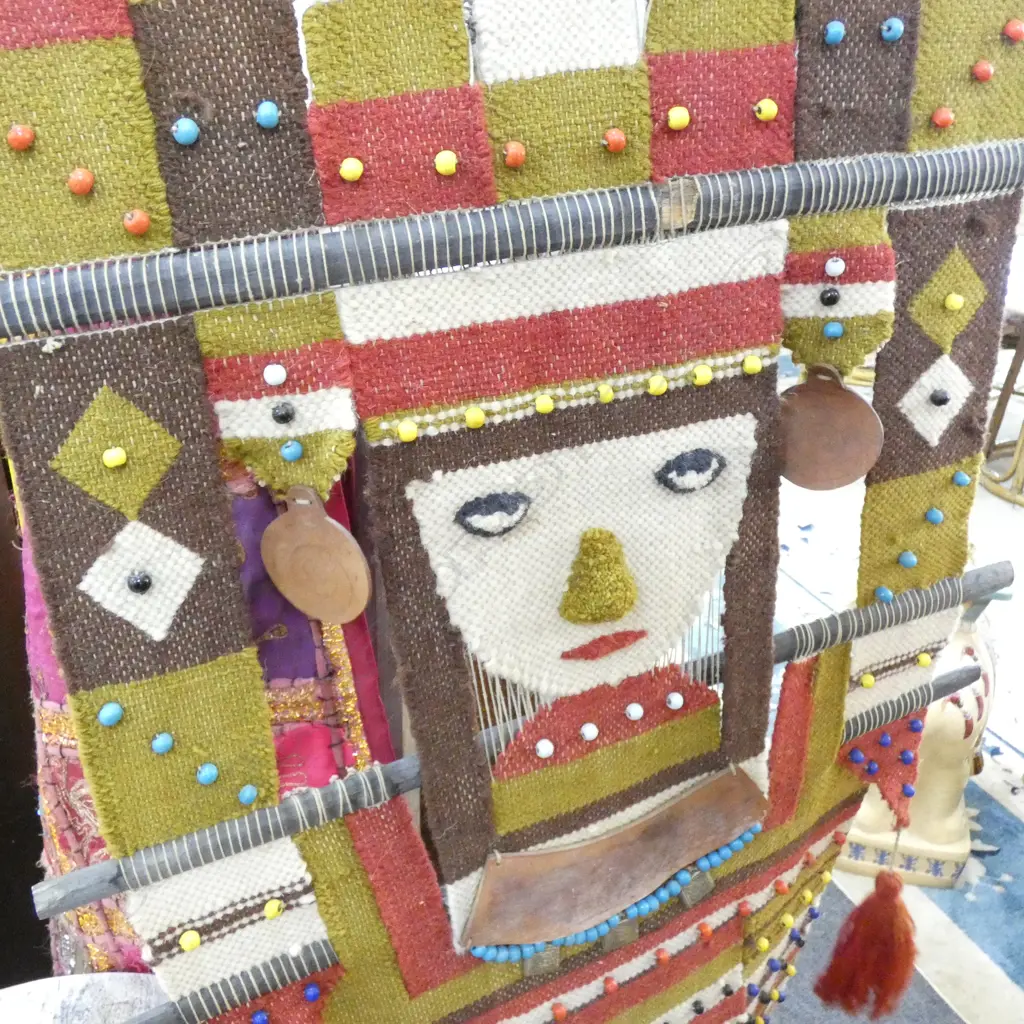 2 TEXTILE ARTWORKS; WOVEN INCA WOMAN 1640x610mm + PINK EMBROIDERED FABRIC PANEL Image 1++