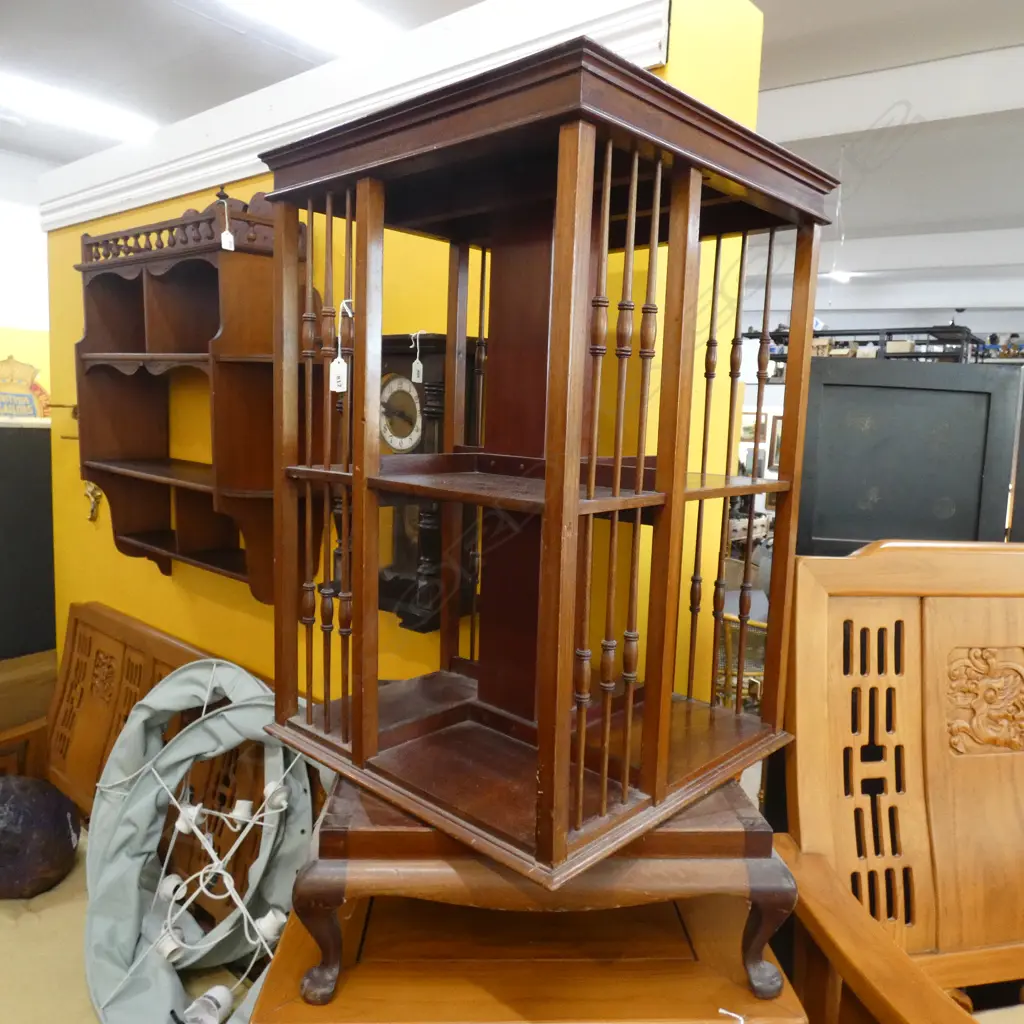 OLD DARK WOODEN REVOLVING BOOK SHELF  W 490MM H. 895MM Image 1++