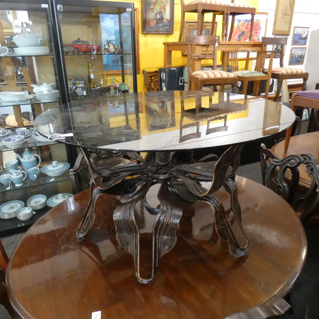 ROUND GLASS COFFEE TABLE w. HEAVY METAL BASE  920mm dia Image 1++
