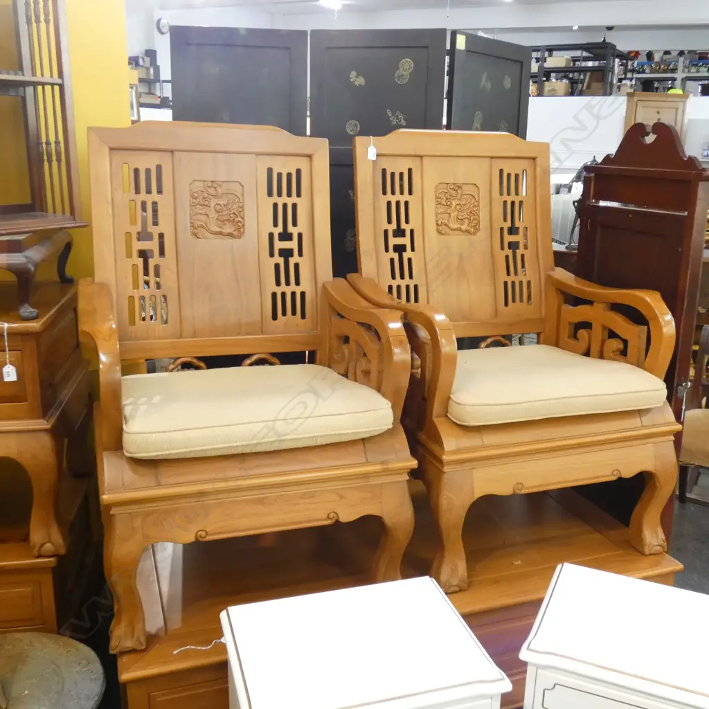 CHINESE TEAK LOUNGE SUITE; COUCH & 2 CHAIRS Image 1++