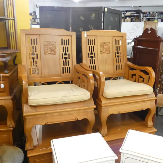 CHINESE TEAK LOUNGE SUITE; COUCH & 2 CHAIRS