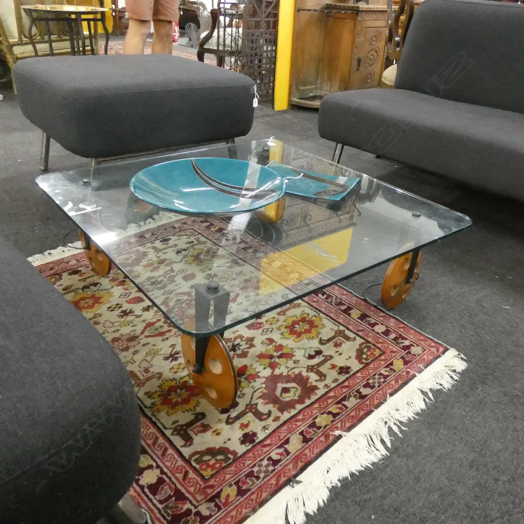 VINTAGE GAE AVLENTI 'TAVOLO CON RUOTE' GLASS COFFEE TABLE ON WHEELS... Image 1++