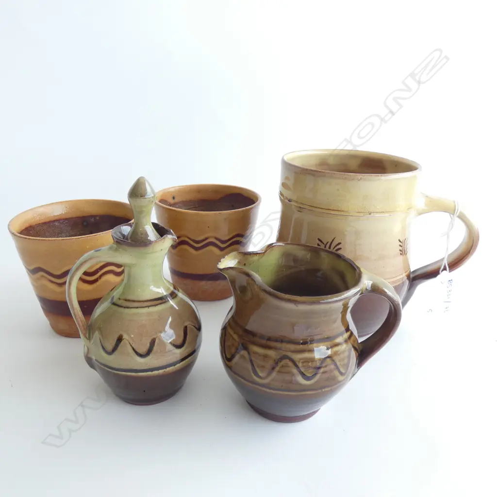5 WINCHCOMBE POTTERY PCES; MUG, PR BEAKERS, JUG, POURER Image 1++