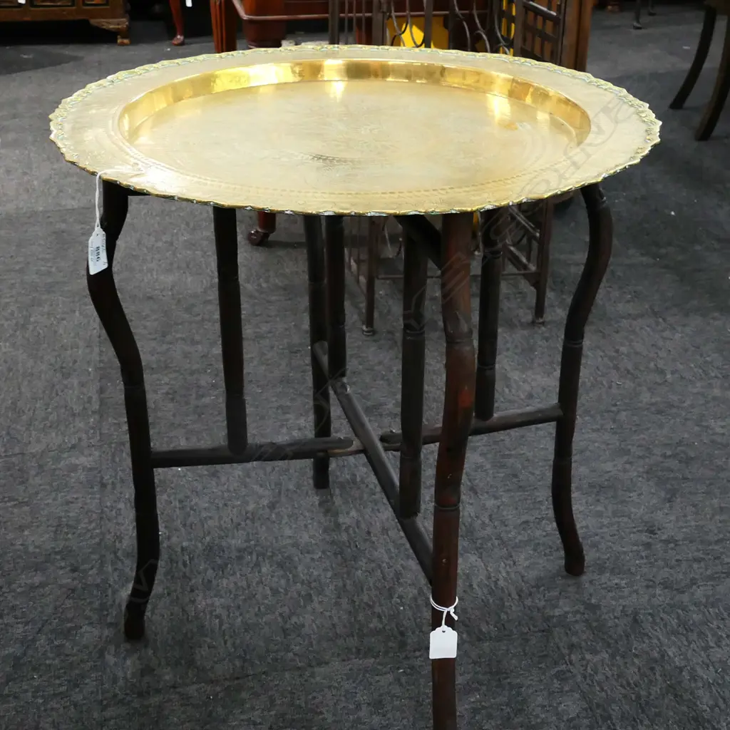 ORIENTAL BRASS TOP  FOLDING TRAY TABLE  DIA 565MM Image 1++