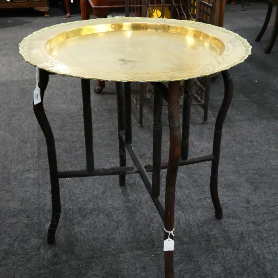 ORIENTAL BRASS TOP  FOLDING TRAY TABLE  DIA 565MM