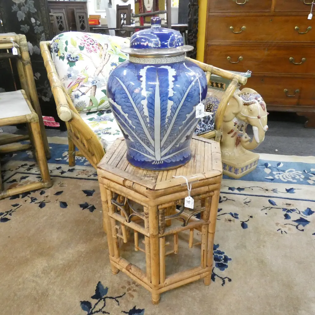CHINESE B/W VASE GILT TRIM H.380mm + BAMBOO STOOL H.450mm Image 1++