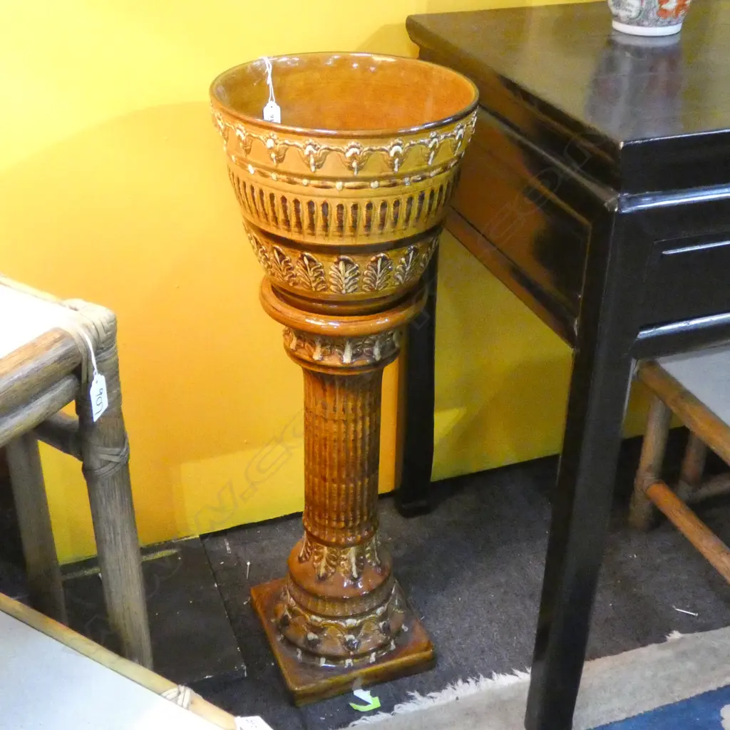 BROWN CERAMIC JARDINERE ON STAND H.805mm Image 1++