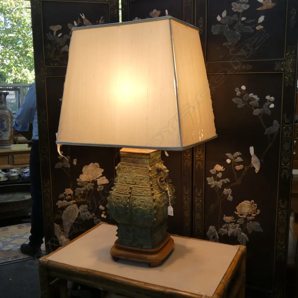 CHINESE ARCHAIC STYLE BRONZE LAMP, WITH SILK SHADE,  H. 800MM Image 1++