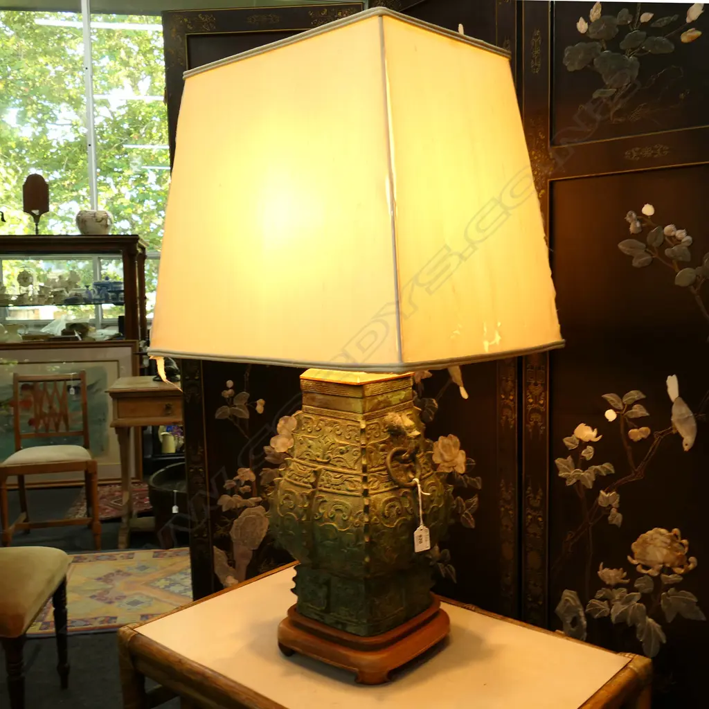CHINESE ARCHAIC STYLE BRONZE LAMP, WITH SILK SHADE,  H. 800MM Image 1++