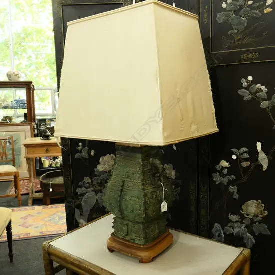 CHINESE ARCHAIC STYLE BRONZE LAMP, WITH SILK SHADE,  H. 800MM
