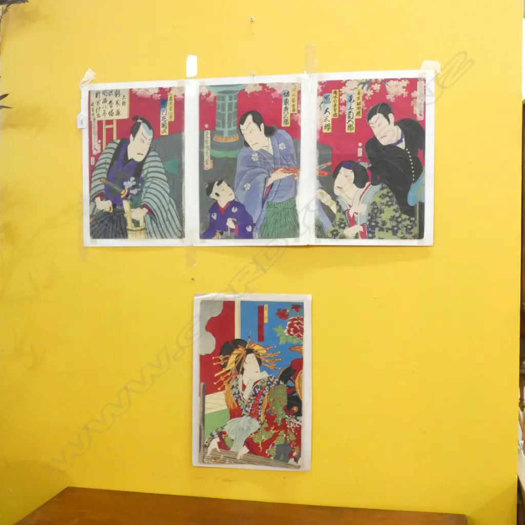 TOYOHARA KUNICHIKA WOODBLOCK TRIPTYCH & A SINGLE SHEET WOODBLOCK - GEISHA PLAYING A KOTO Image 1++