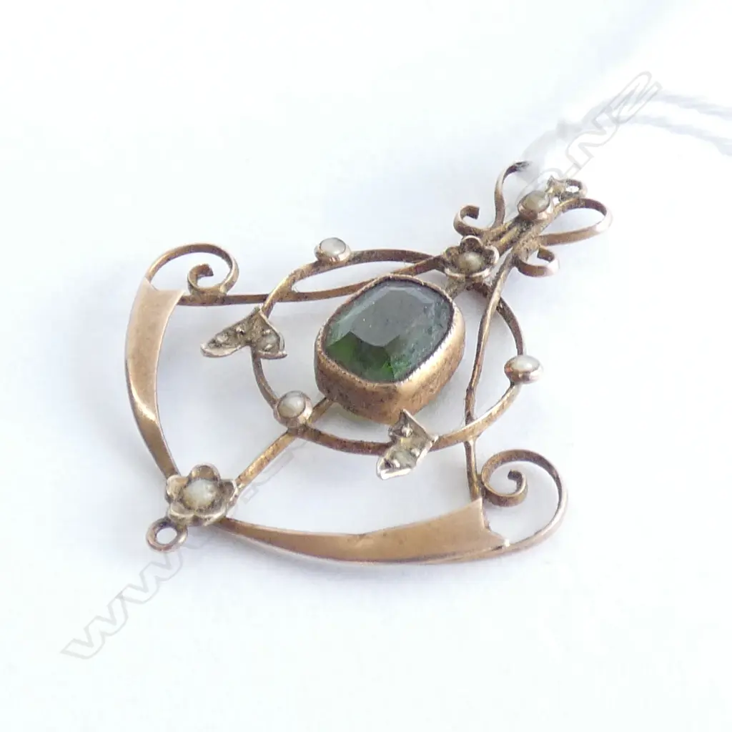 EDWARDIAN 9CT TOURMALINE/SEED PEARL PENDANT Image 1++
