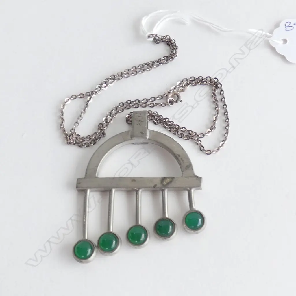 JORGEN JENSEN PEWTER PENDANT w. GREEN STONES ON 925 CHAIN Image 1++
