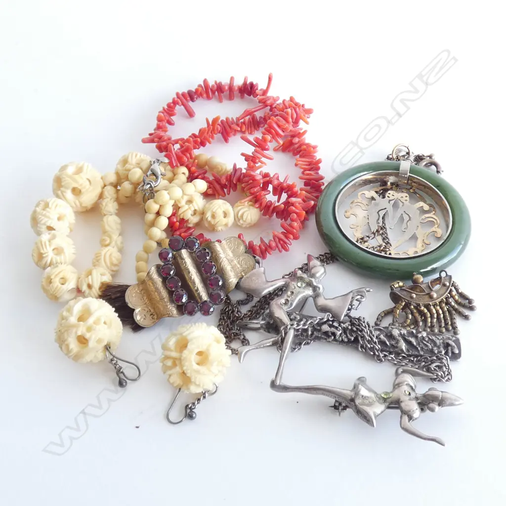COLLECTION JEWELLERY; CORAL & IVORY NECKLACES, SILVER CIRCUS BROOCHES ETC Image 1++