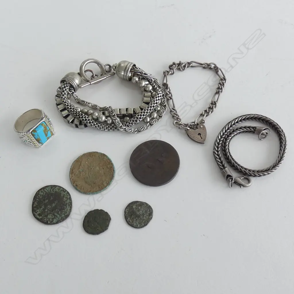 ASSTD ROMAN COINS, TURQUOISE RING, BRACELETS ETC Image 1++