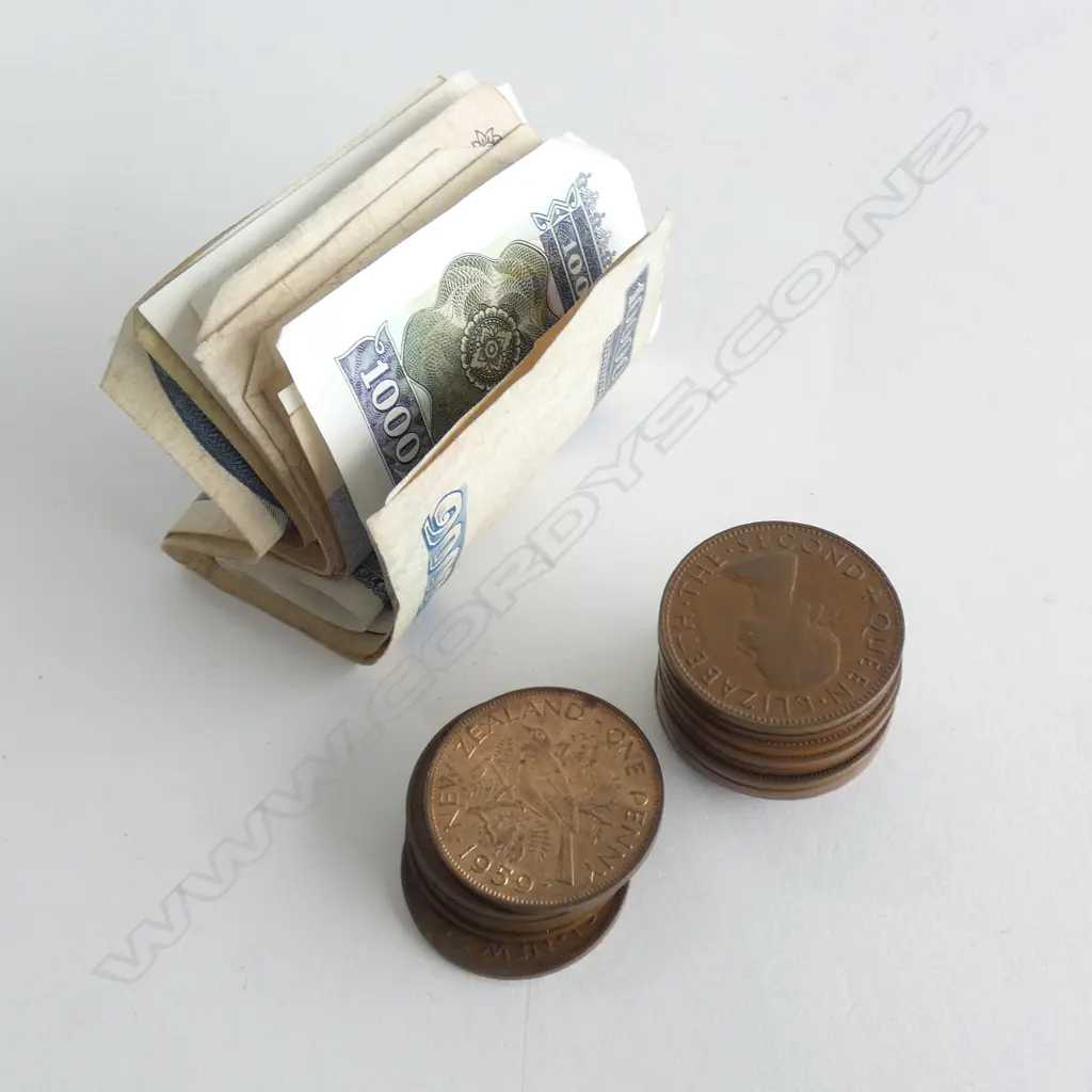 BAG OF NZ PENNIES AND ASIAN BANK NOTES Image 1++