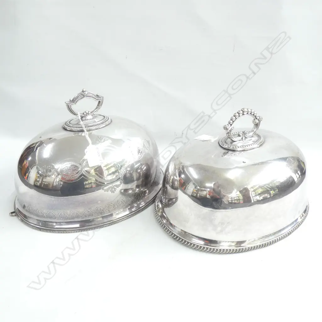 TWO SILVER PLATE MEAT COVERS - 1 ENGRAVED - LARGEST L 305MM Image 1++