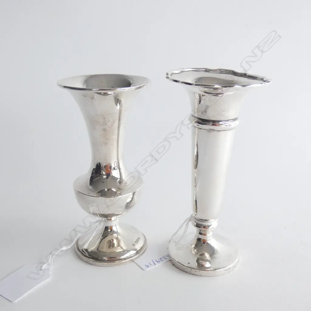 2 STG SILVER POSEY VASES; CHESTER 1910 / MARKS WORN 249 GRAMS, WEIGHTED Image 1++