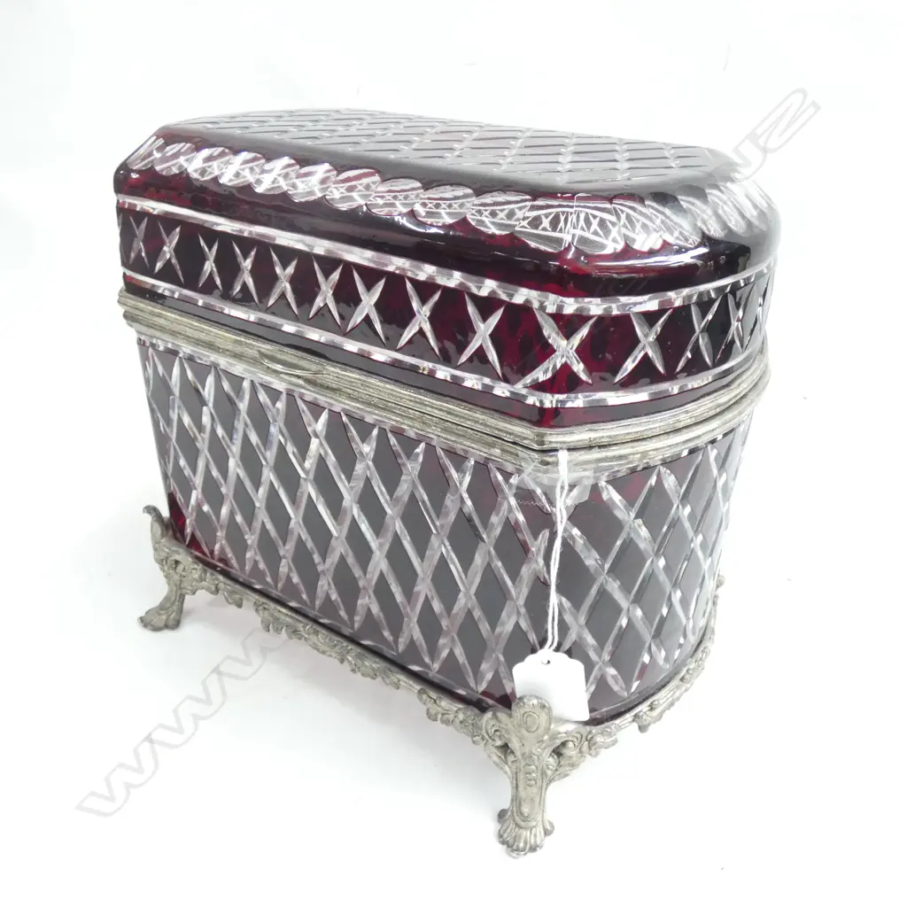 LG OLD CRANBERRY CUT GLASS HINGED LIDDED STORAGE BOX - ORNATE EP LEGS, BASE & RIM  270 X 170 X 240MM Image 1++