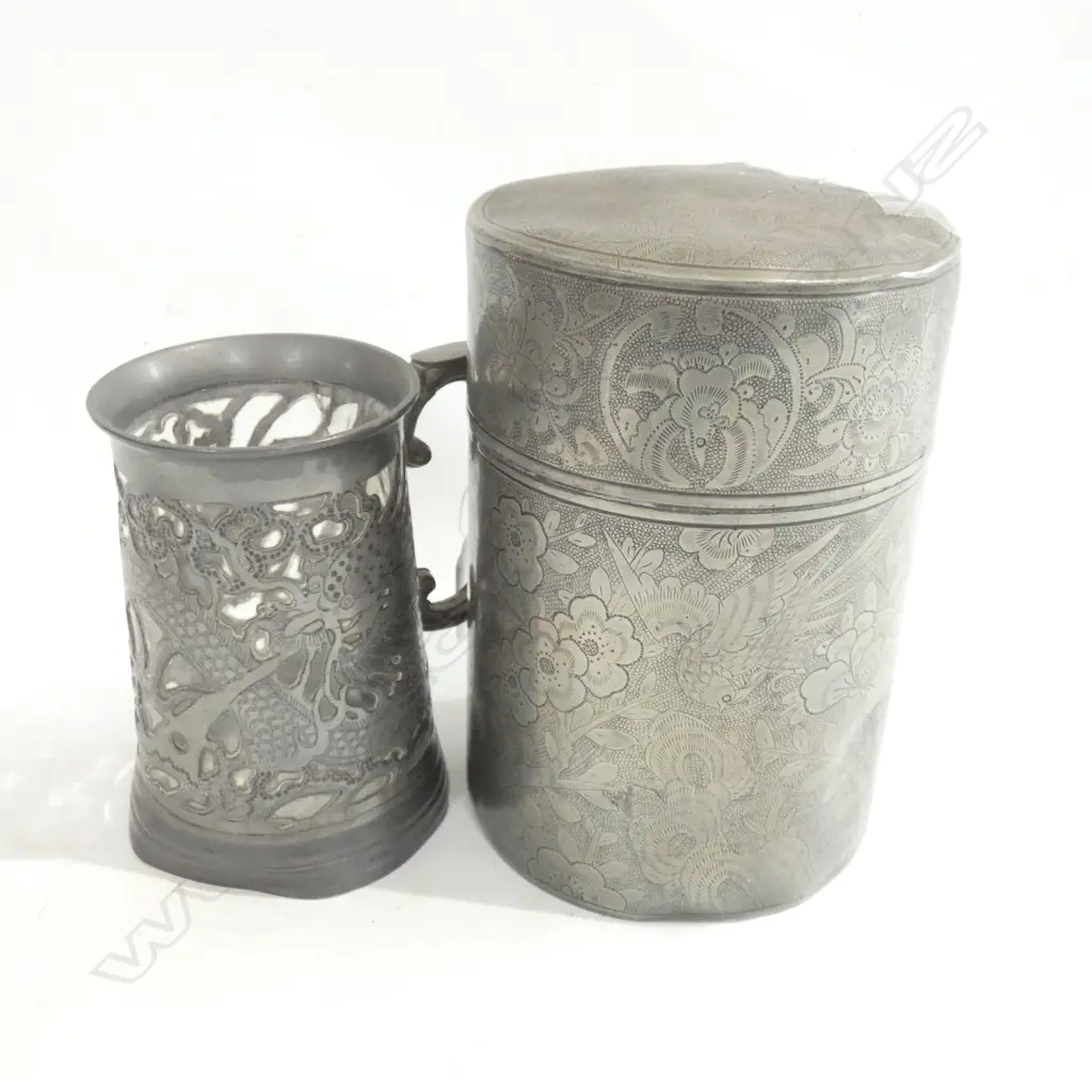 OLD ORIENTAL PEWTER; TEA CADDY (H195MM) & PEWTER & GLASS TANKARD (H130MM) Image 1++