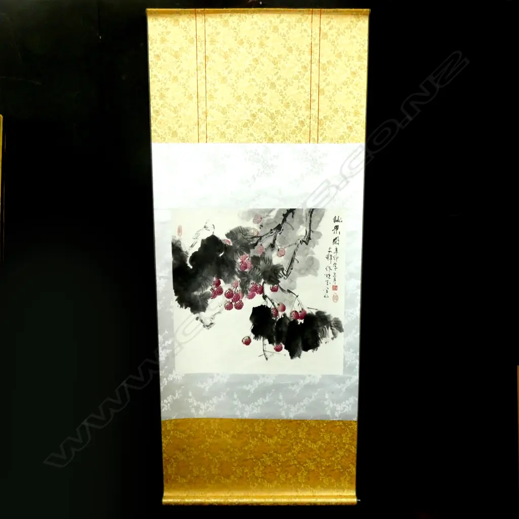 BOXED CHINESE H/PAINTED SCROLL TREE BRANCHES & FRUIT L.1940mm.W. 810mm Image 1++