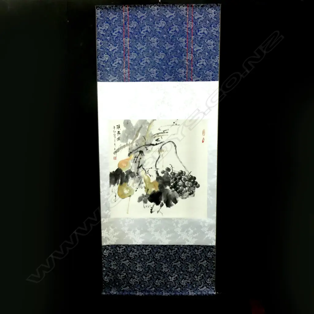 BOXED CHINESE H/PAINTED SCROLL PEARS ON BRANCHES L.1940mm W.810mm Image 1++