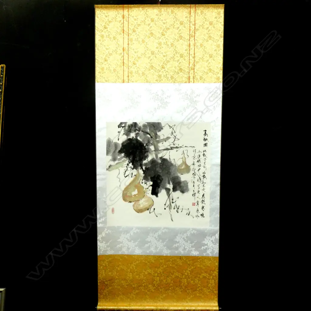 BOXED CHINESE H/PAINTED SCROLL PEARS ON TREE L.1940mm. W.810mm. Image 1++