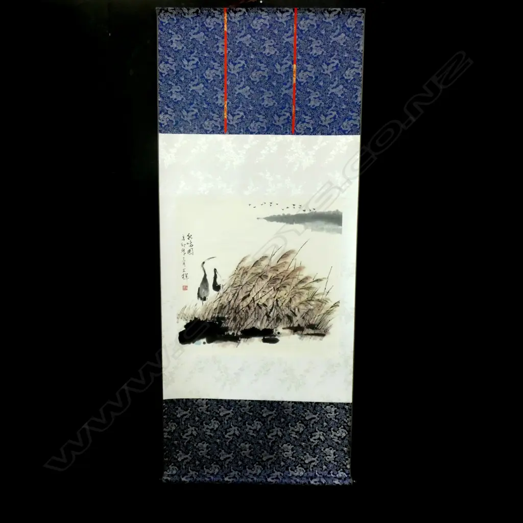 BOXED CHINESE H/PAINTED SCROLL CRANES AMONGST BULL BUSHES L.1940mm W.810mm. Image 1++