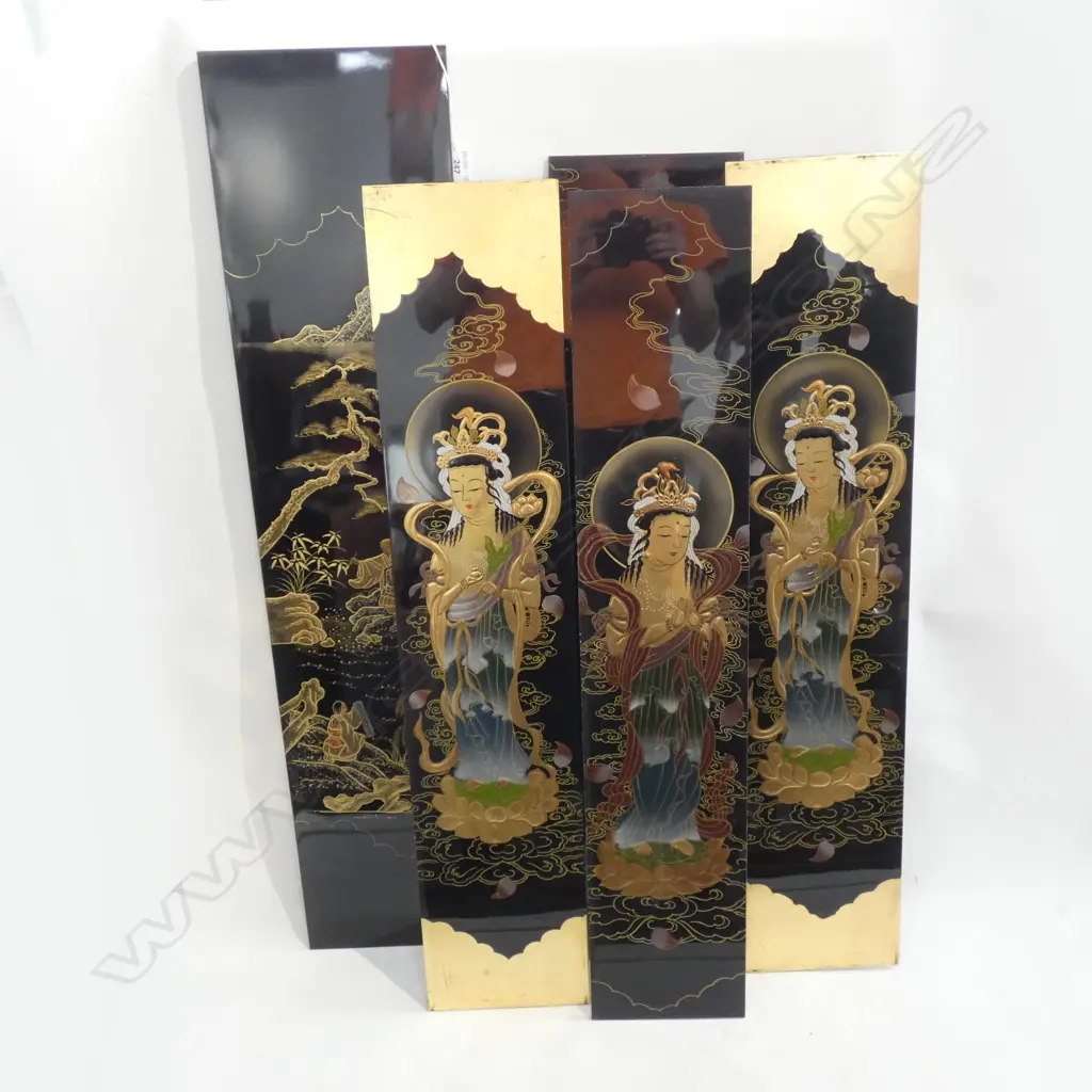 SET 5 ‘MAKI-E’ PAINTED AND GOLD LACQUERED BUDDHIST VOTIVE PANELS H880 W180 Image 1++