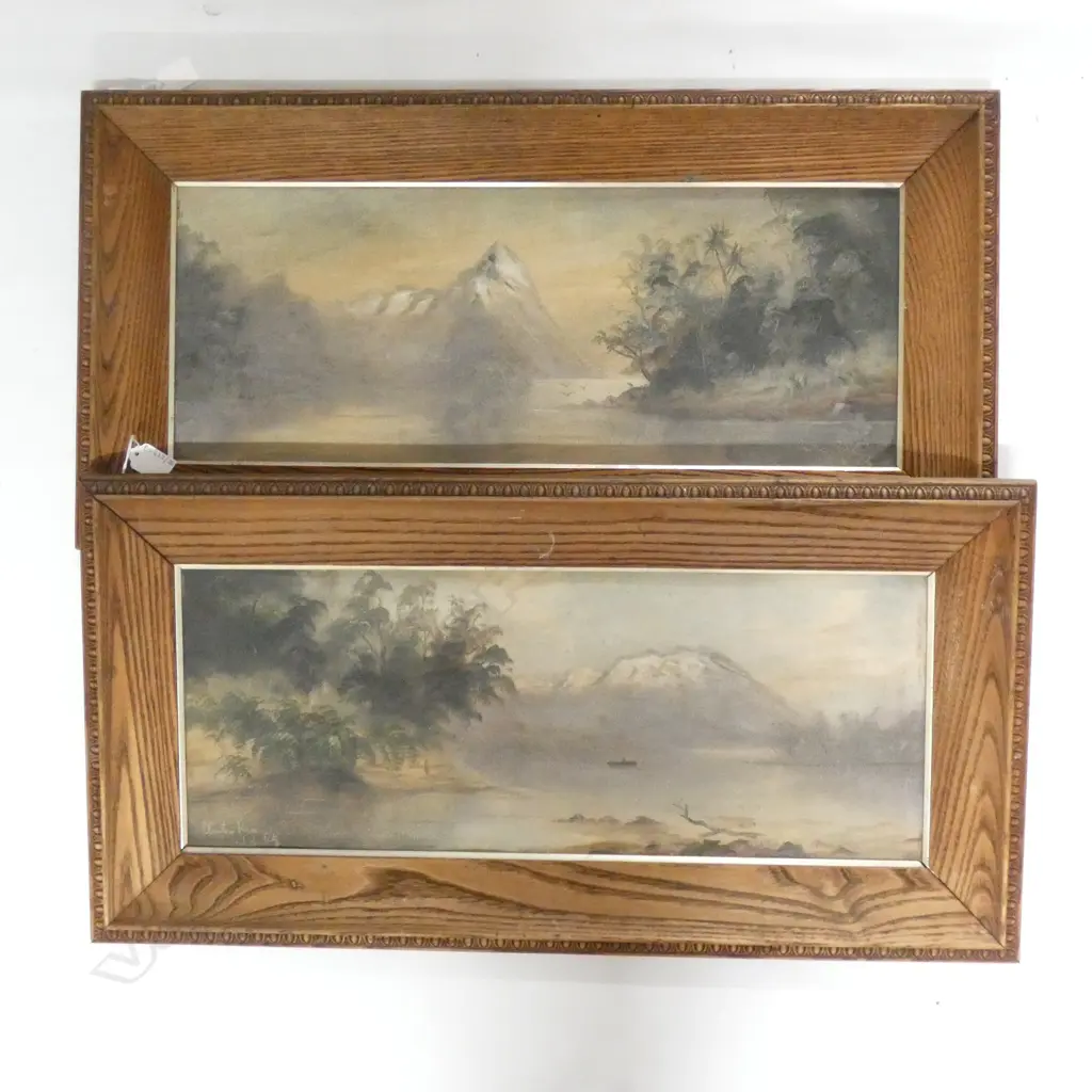 H T GARRATT (DE RITZ) (1875-1953) 2 COLONIAL LANDSCAPE OILS; 'CLINTON RIVER' & 'MITRE PEAK' 230x600mm  Image 1++
