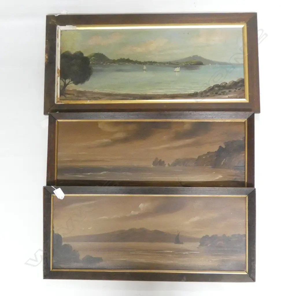 3 COLONIAL LANDSCAPE OILS; PAUL WREN 'RANGITOTO FROM ST. HELIERS' & 'WEST COAST...' + 'AUCKLAND NZ' UNSIGNED 240x600mm  Image 1++