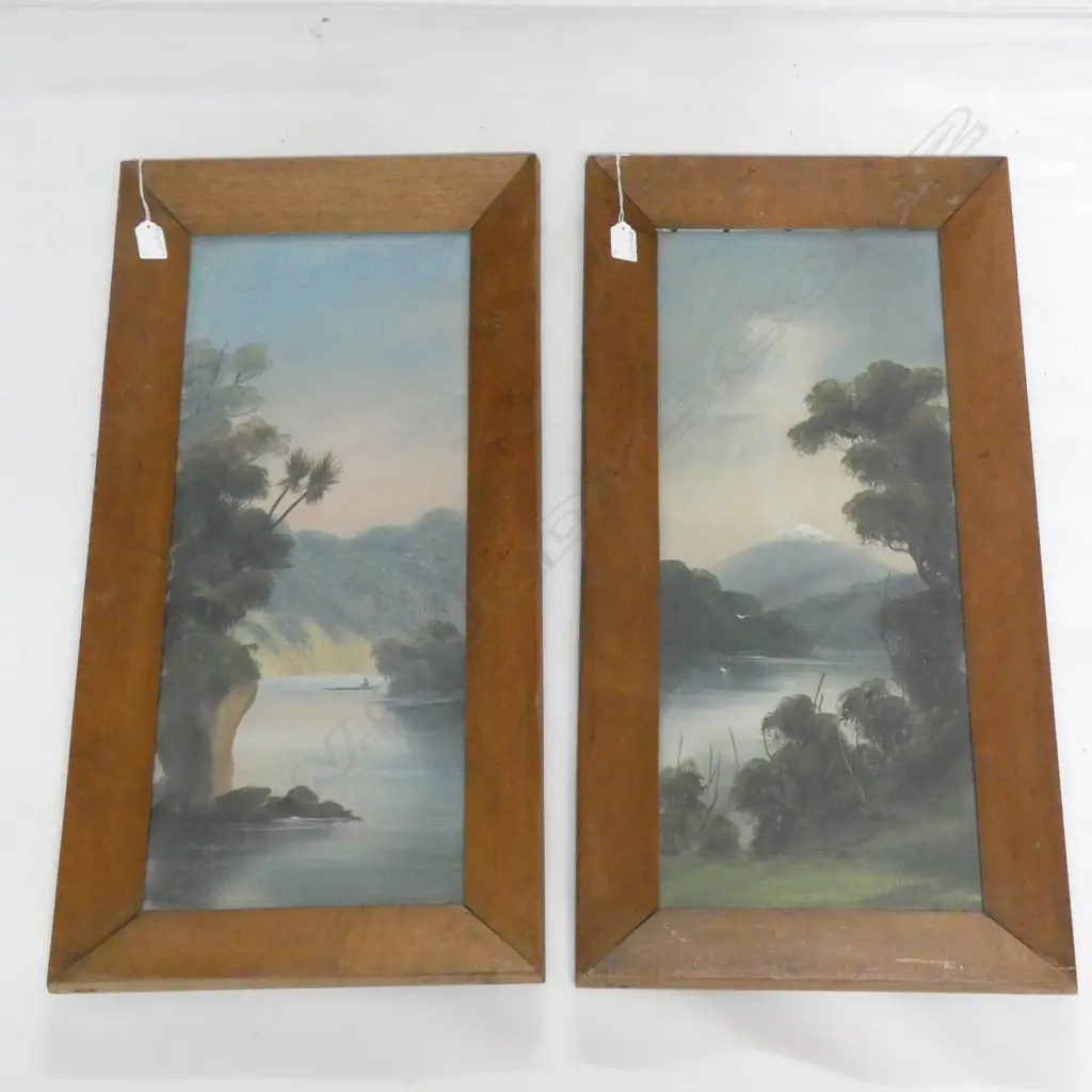 2 PAUL WREN COLONIAL LANDSCAPE OILS; 'LAKE BRUNNER' & 'WANGANUI RIVER' 600x245mm Image 1++