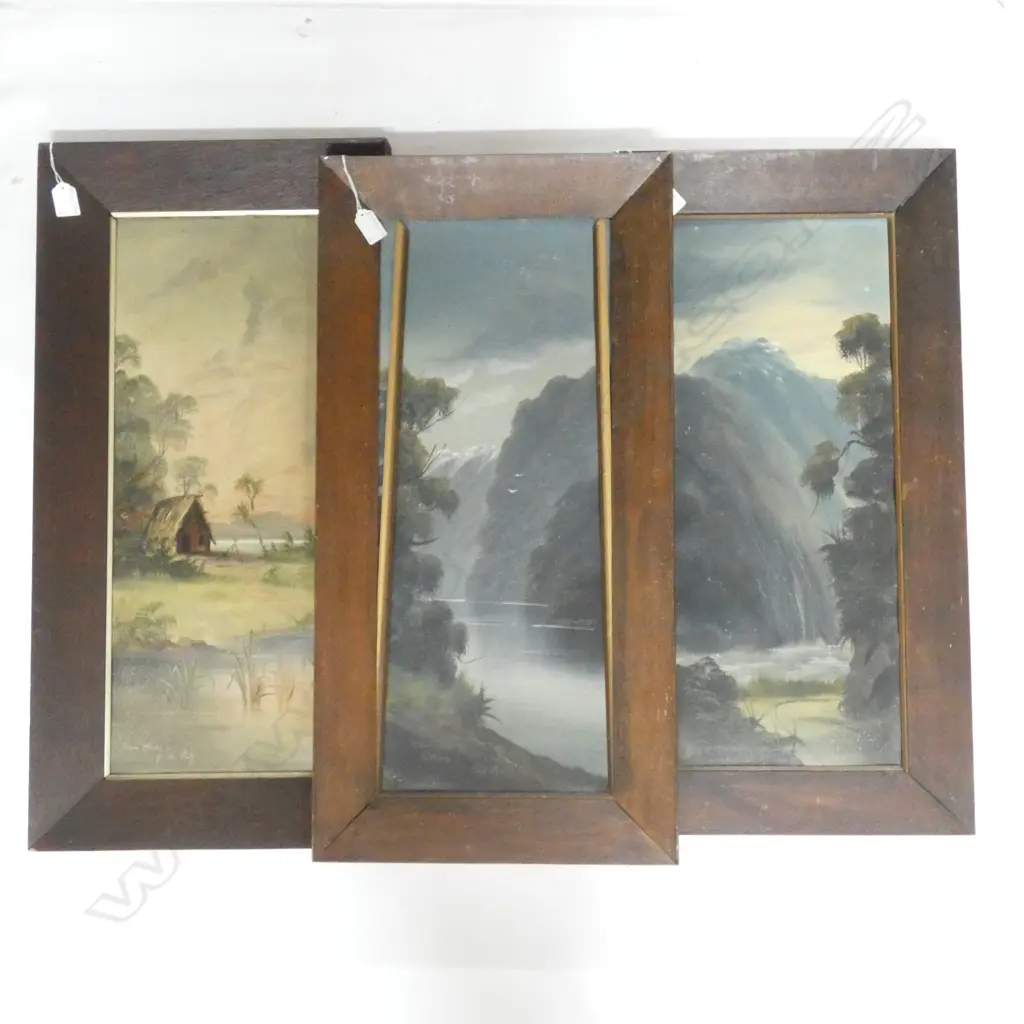 3 COLONIAL LANDSCAPE OILS; 2 PAUL WREN AF 'CLARENCE RIVER KAIKOURA' & 'OTIRA GORGE' + DE RITZ 'MAORI WHARE' 605x230mm Image 1++