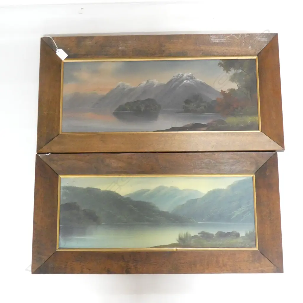 2 PAUL WREN COLONIAL LANDSCAPE OILS; 'LAKE MANAPOURI' & 'AWATERE RIVER' 230x615mm IN ORIG. OAK FRAMES  Image 1++
