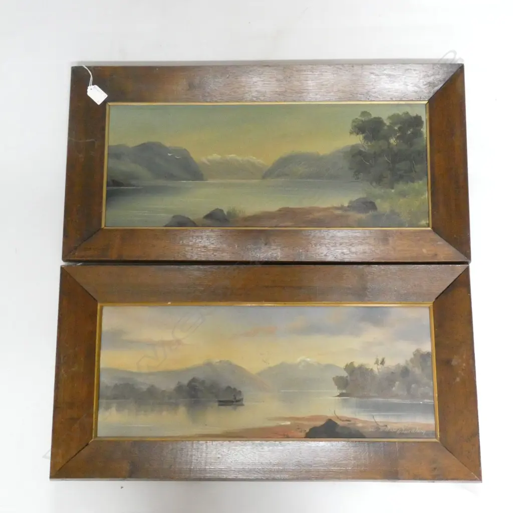 2 PAUL WREN COLONIAL LANDSCAPE OILS 'LAKE TE ANAU' & 'LAKE MANAPOURI' 230x590mm Image 1++