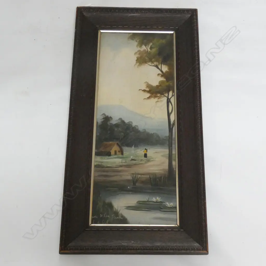 H T GARRATT (DE RITZ) (1875-1953) 'MAORI WHARE, TAUPO' COLONIAL OIL 600x230mm Image 1++