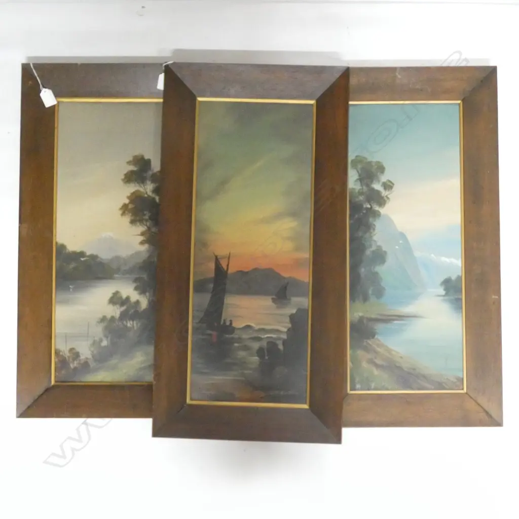 3 PAUL WREN COLONIAL LANDSCAPE OILS; 'EVENING RANGITOTO', 'MORNING LAKE MANAPOURI' & 'LAKE BRUNNER' 595x230mm Image 1++