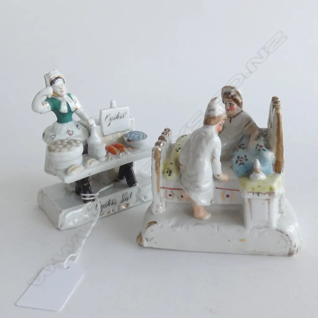 2 ANTIQUE EUROPEAN PORCELAIN FIGURES; COUPLE GOING TO BED & 'OYSTERS, SIR?' MATCH STRIKER W.85mm Image 1++