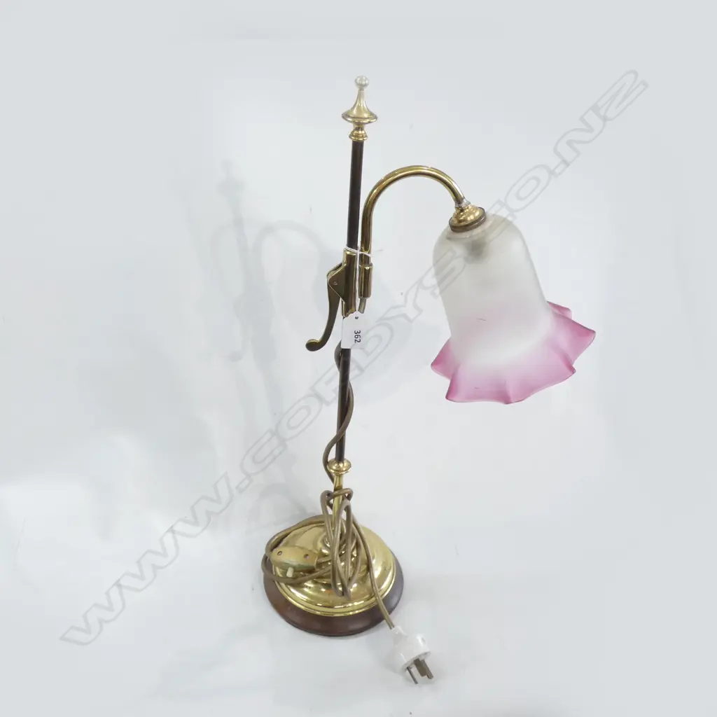 BRASS LAMP w. PINK FLARED GLASS SHADE H.550mm Image 1++