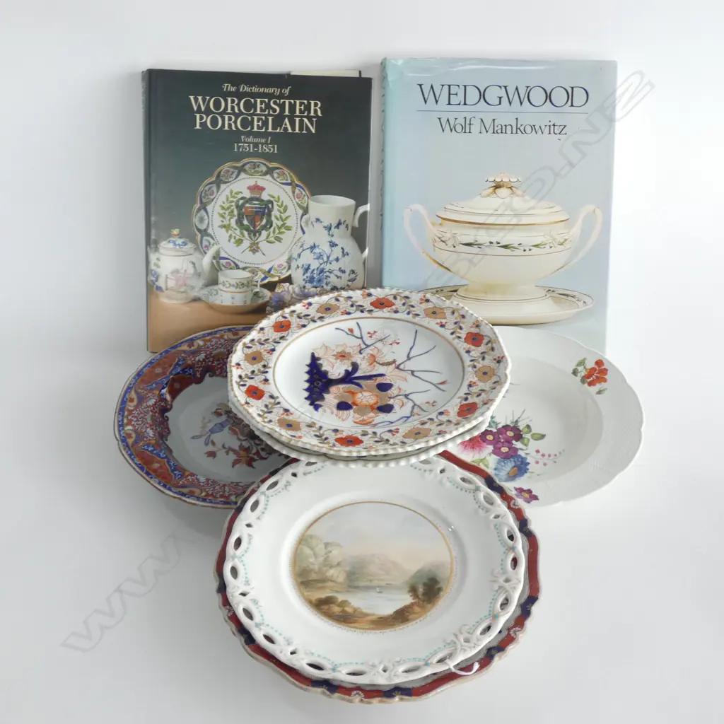 6 18thC PLATES; DENBY, SPODE ETC + 2 BOOKS ON WORCESTER & WEDGWOOD Image 1++