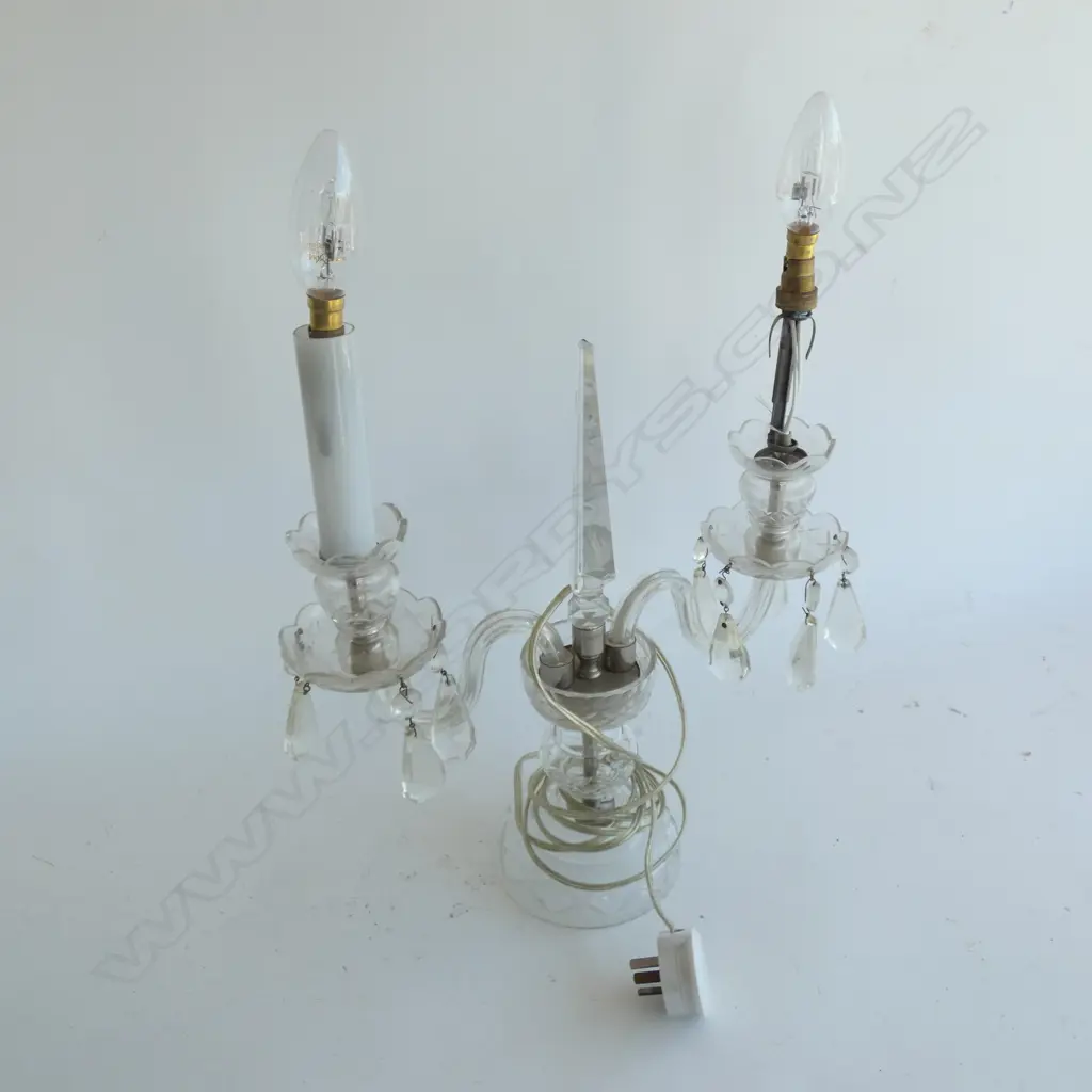 VINTAGE TWIN GLASS LAMP BASE w PRISM GLASS IN CENTRE ONE SLEVE MISSING Image 1++