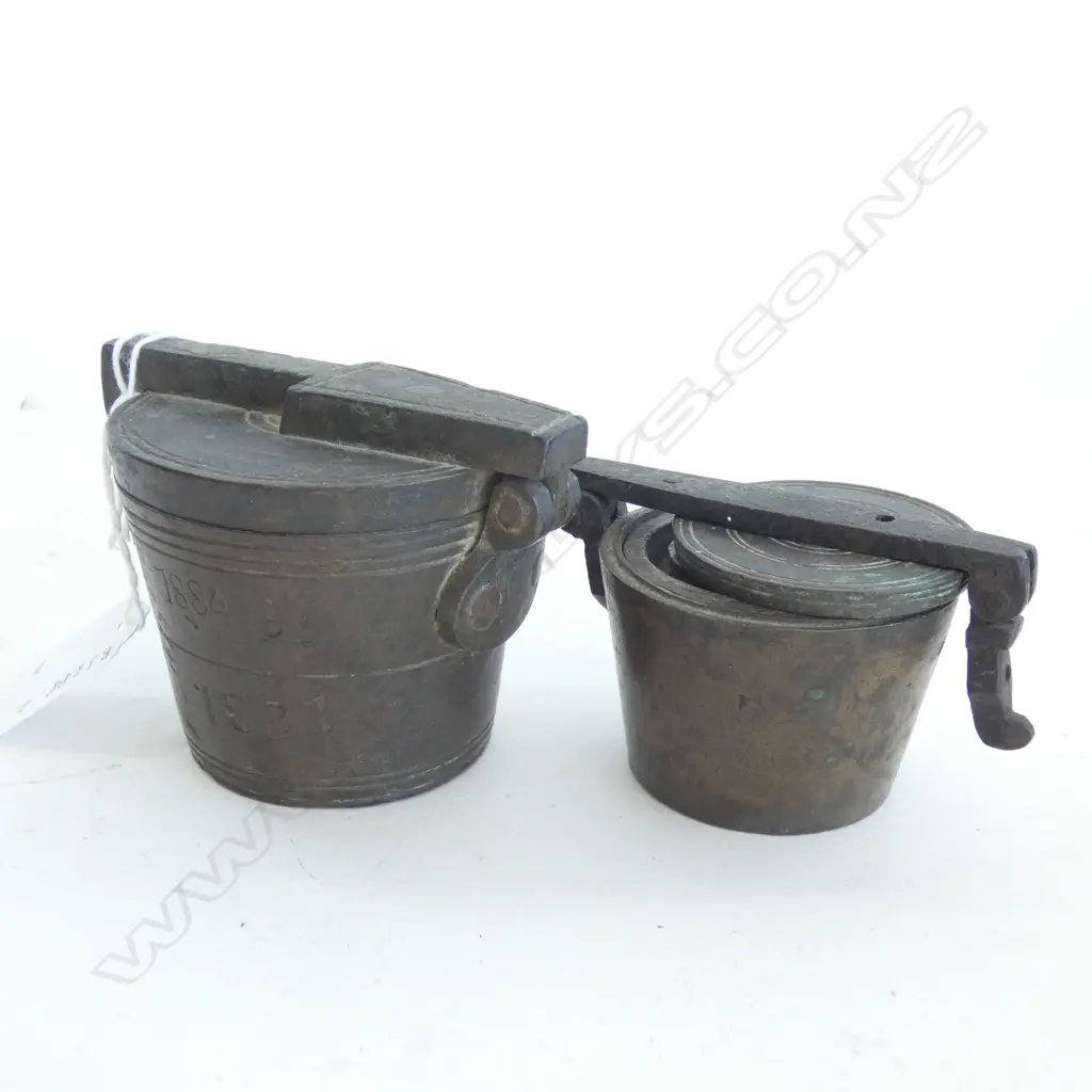 2 PART SETS OF 19thC BRONZE BUCKET WEIGHTS, WITH HINGED OUTER CASES Image 1++